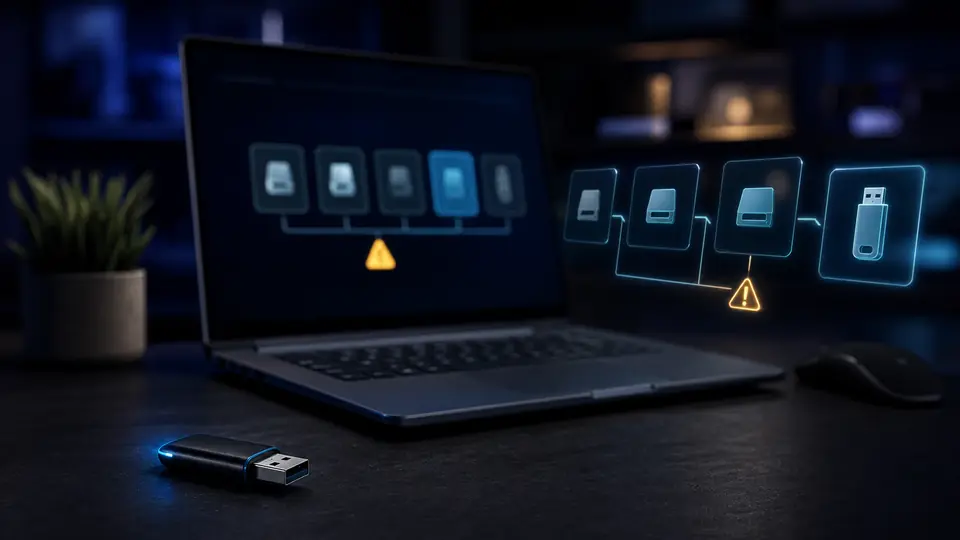 Conceptual bootable USB installer next to a firmware boot menu and UEFI boot flow