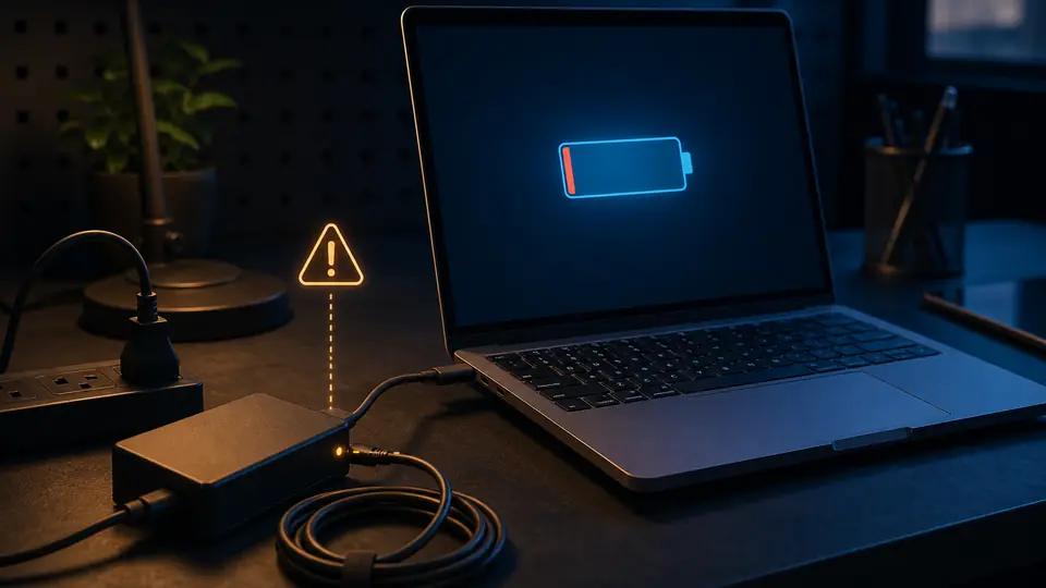 Conceptual laptop charging check with battery icon, charger cable, and battery safety warning