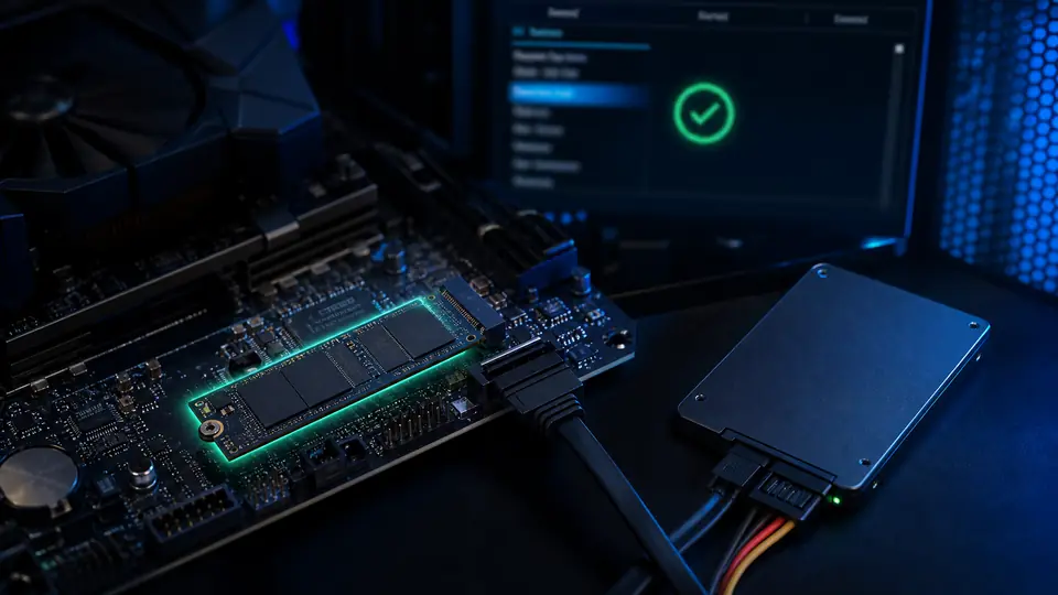 Conceptual motherboard with highlighted M.2 SSD slot, SATA path, and BIOS storage detection icon