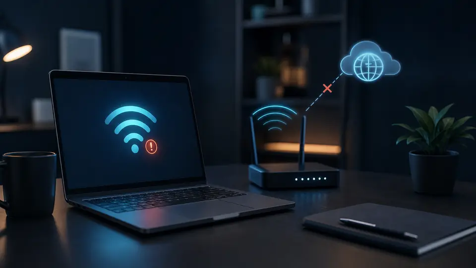 Conceptual laptop connected to WiFi router while internet globe is disconnected