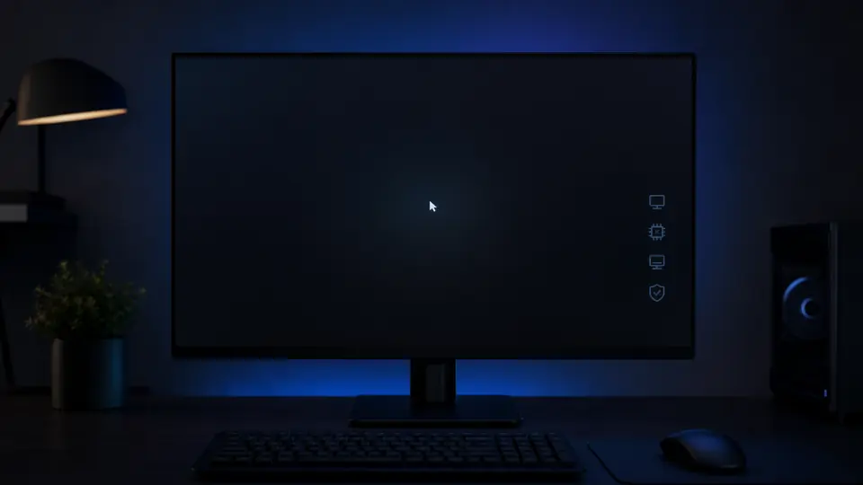 Conceptual monitor with black screen and cursor plus Explorer, display driver, and Safe Mode check icons