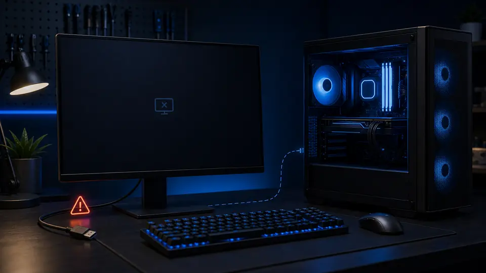 Conceptual desktop PC with fans on and a monitor no-signal check for cable, RAM, GPU, and monitor input