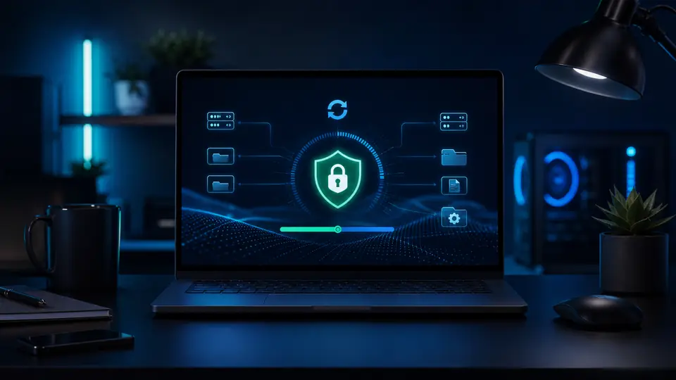 Conceptual Windows Update access denied repair path with shield, lock, and update file icons