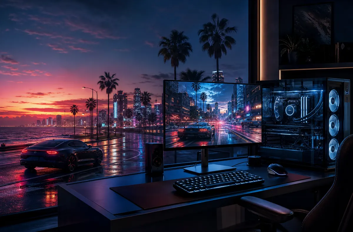 GTA 6 PC requirements gaming hero image with a neon city driving scene and high-end PC setup